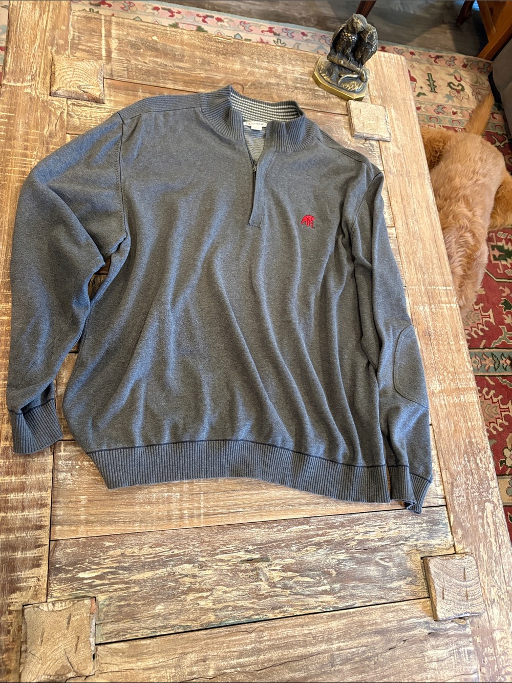 Cutter & Buck Men's Gray Zip-Neck Sweater with Red Elephant Logo 2XL Elbow patch